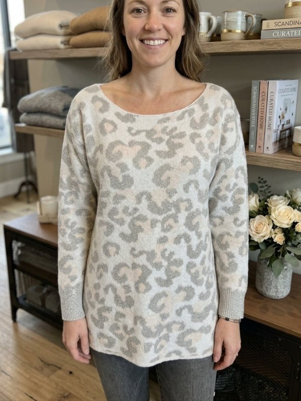 Boston Proper Cream Gray Pink Animal Print Sparkle Sweater, XS